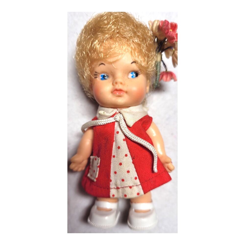Vintage 1966 Eegee Co. Miniature Doll 4.5" #3A Red Polka Dot Dress Shoes
